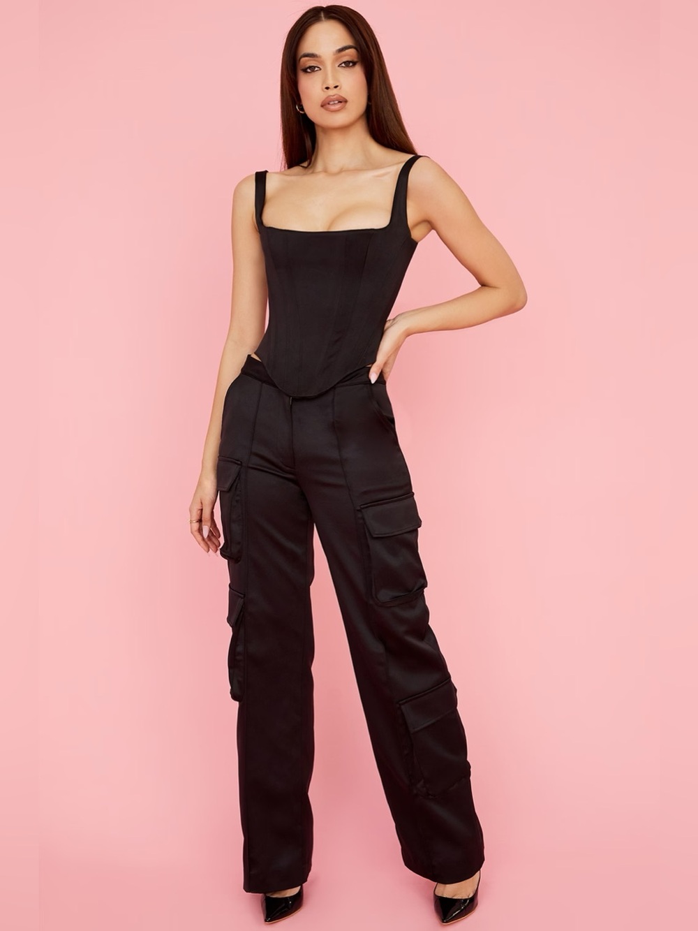 House of CB Black Satin Cargo Daria Straight Leg Trouser Pants Size Large Tall